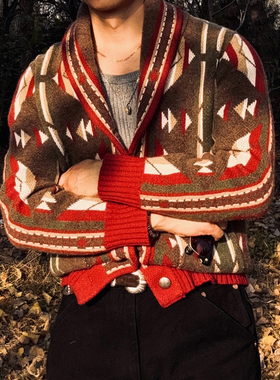 美式复古费尔岛青果领西南风羊毛开衫重磅针织提花毛衣节日氛围感