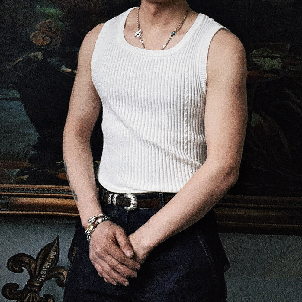 显大！高密针织提花硬汉美式复古宽条打底背心