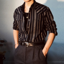 全棉定织提花长袖 黑色条纹衬衫 复刻RL西部衬衣 复古德普同款 美式