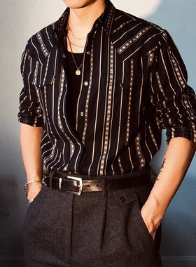 美式复古德普同款黑色条纹衬衫全棉定织提花长袖复刻RL西部衬衣