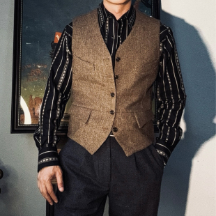 绅士工装 美式 短款 马甲羊毛呢修身 背心 复古V领四袋猎装