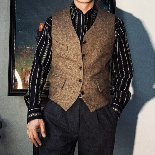 美式复古V领四袋猎装马甲羊毛呢修身短款绅士工装背心