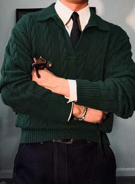 美式复古老钱风无扣POLO领立体扭花针织衫重磅加厚翻领廓形毛衣