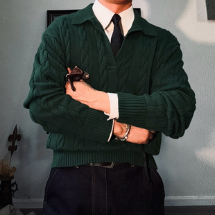 美式复古老钱风无扣POLO领立体扭花针织衫重磅加厚翻领廓形毛衣