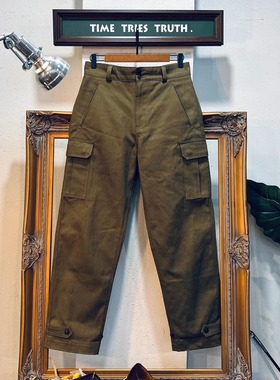 法式M-47军事风高腰直筒HBT鱼骨纹面料大口袋宽松休闲工装男长裤