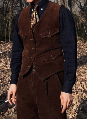 2026春装首发~美式复古非RRL灯芯绒猎装马甲绅装V领修身短款马夹