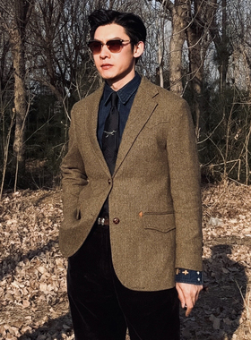 美式复古人字纹粗花呢羊毛西装外套绅装男士羊毛呢西服咔叽R*L