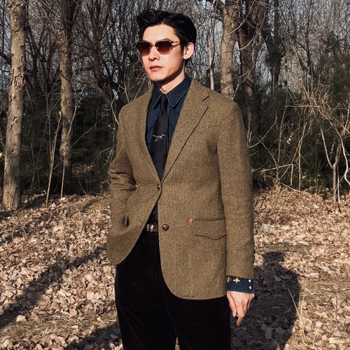 美式复古人字纹粗花呢羊毛西装外套绅装男士羊毛呢西服咔叽R*L