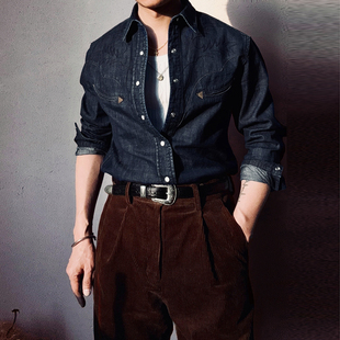 美式复古开口笑口袋刺绣西部衬衫8.5OZ全棉水洗做旧工装长袖衬衣