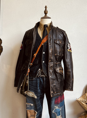 美式复古水洗做旧牛皮M65野战风衣中长款男士皮衣非RRL猎装外套