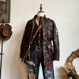 美式复古水洗做旧牛皮M65野战风衣中长款男士皮衣非RRL猎装外套
