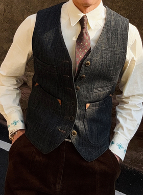 美式西部多口袋V领工装牛仔马甲竹节纹原牛水洗做旧复古绅士马夹