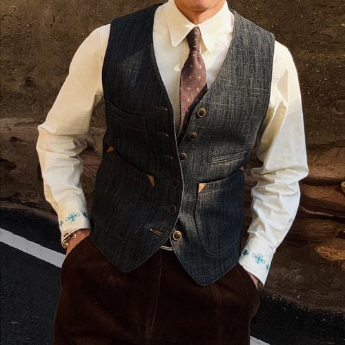 美式西部多口袋V领工装牛仔马甲竹节纹原牛水洗做旧复古绅士马夹