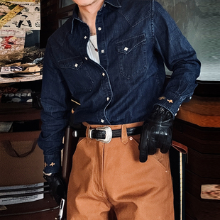 美式复古纳瓦霍刺绣西部衬衫8.5OZ全棉水洗做旧工装长袖牛仔衬衣