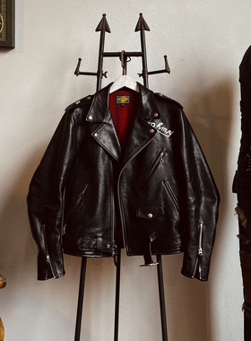 意产无涂小牛皮马龙白兰度机车党613翻领斜拉机车夹克