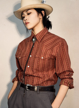 复古与优雅并存！美式休闲三色提花竖条纹西部衬衫纯棉长袖衬衣