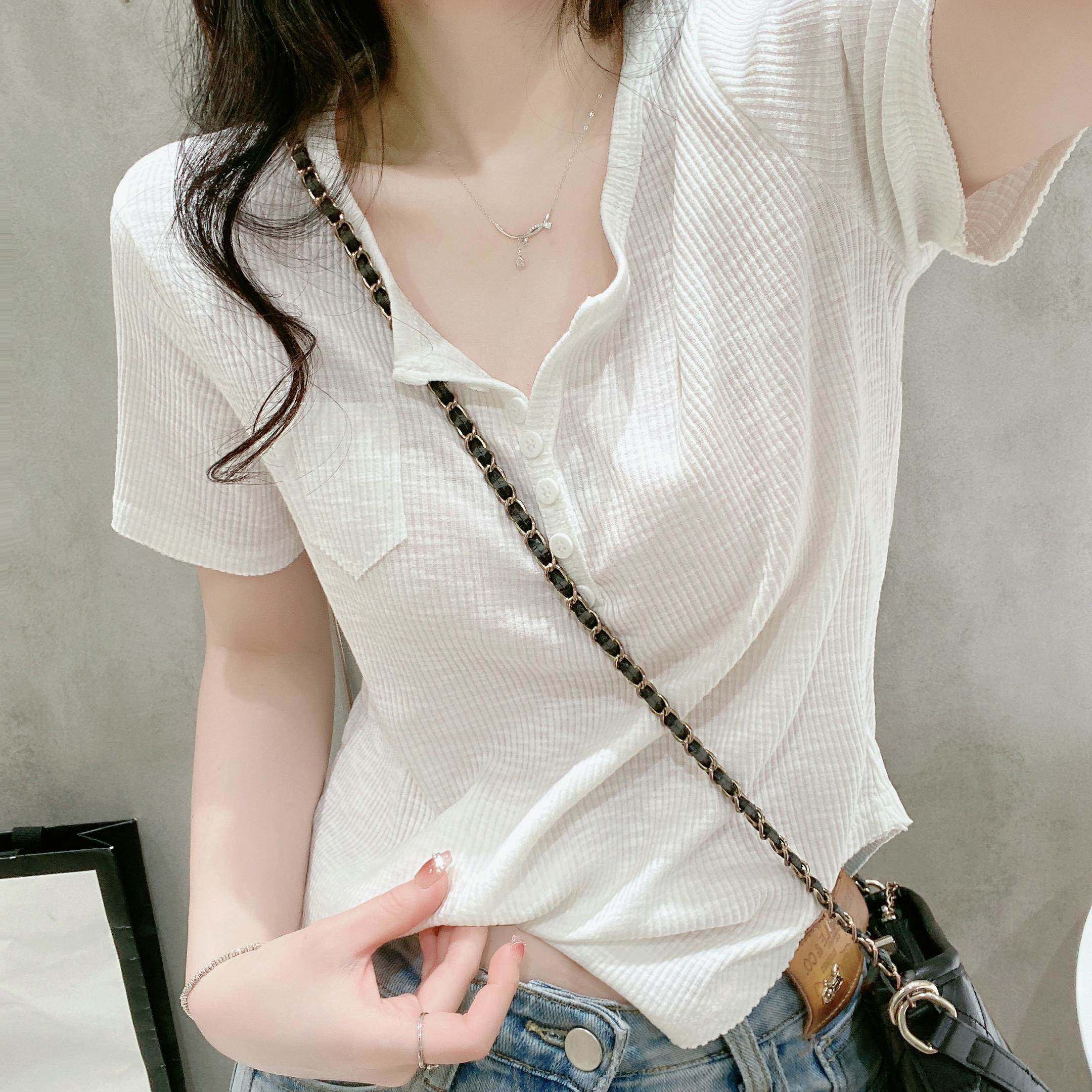 白色短袖t恤女夏季新款修身v领竹节棉弧形下摆长袖设计感上衣春装