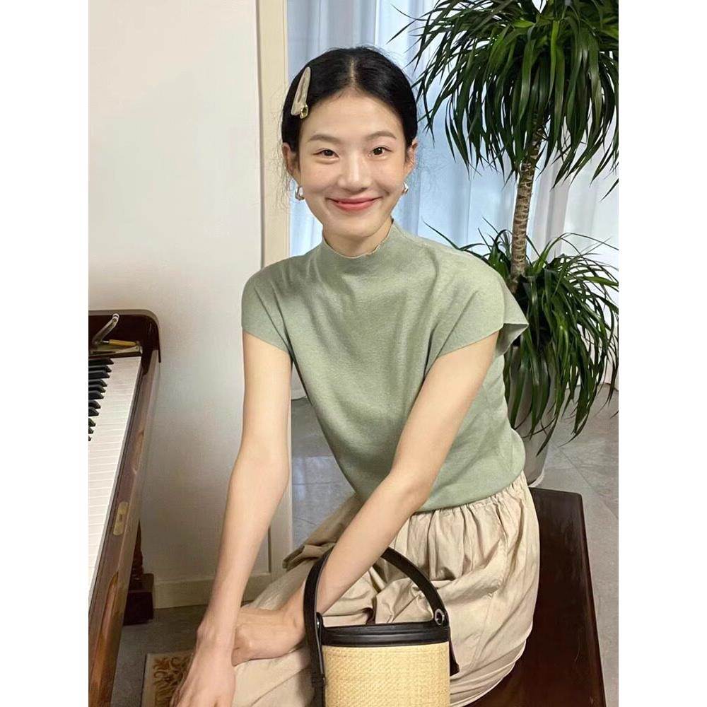 薄荷曼波风法式绿色冰丝半高领短袖正肩t恤女春夏针织小飞袖上衣