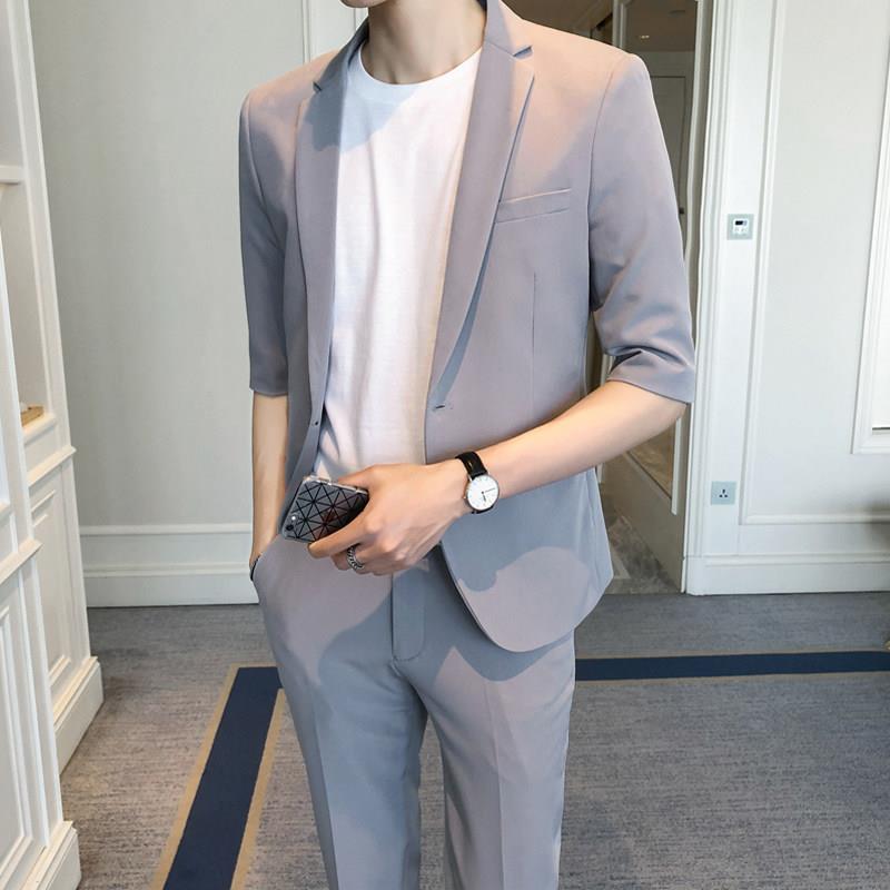 七分袖休闲小西装男套装夏季薄款韩版修身潮流帅气免熨烫西服两件