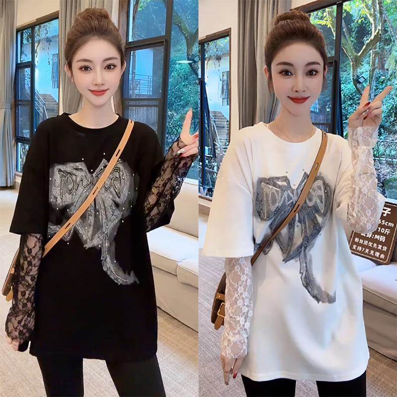 法式欧货假两件拼接蕾丝上衣女春夏设计感时尚镶钻字母宽松t恤潮