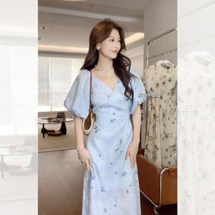 FAshi 轻熟风优雅气质长裙子宫廷风蓝色碎花连衣裙女 2023夏季 新款