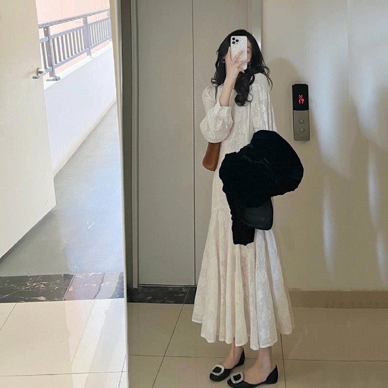 欧洲站春装女垂坠感洋装2025新款气质高级感显瘦白色蕾丝长裙子