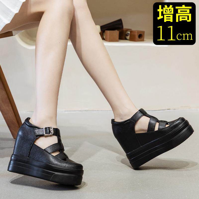 小个真皮凉鞋内增高11CM黑色包头猪笼鞋厚底超高跟女鞋2023夏季新