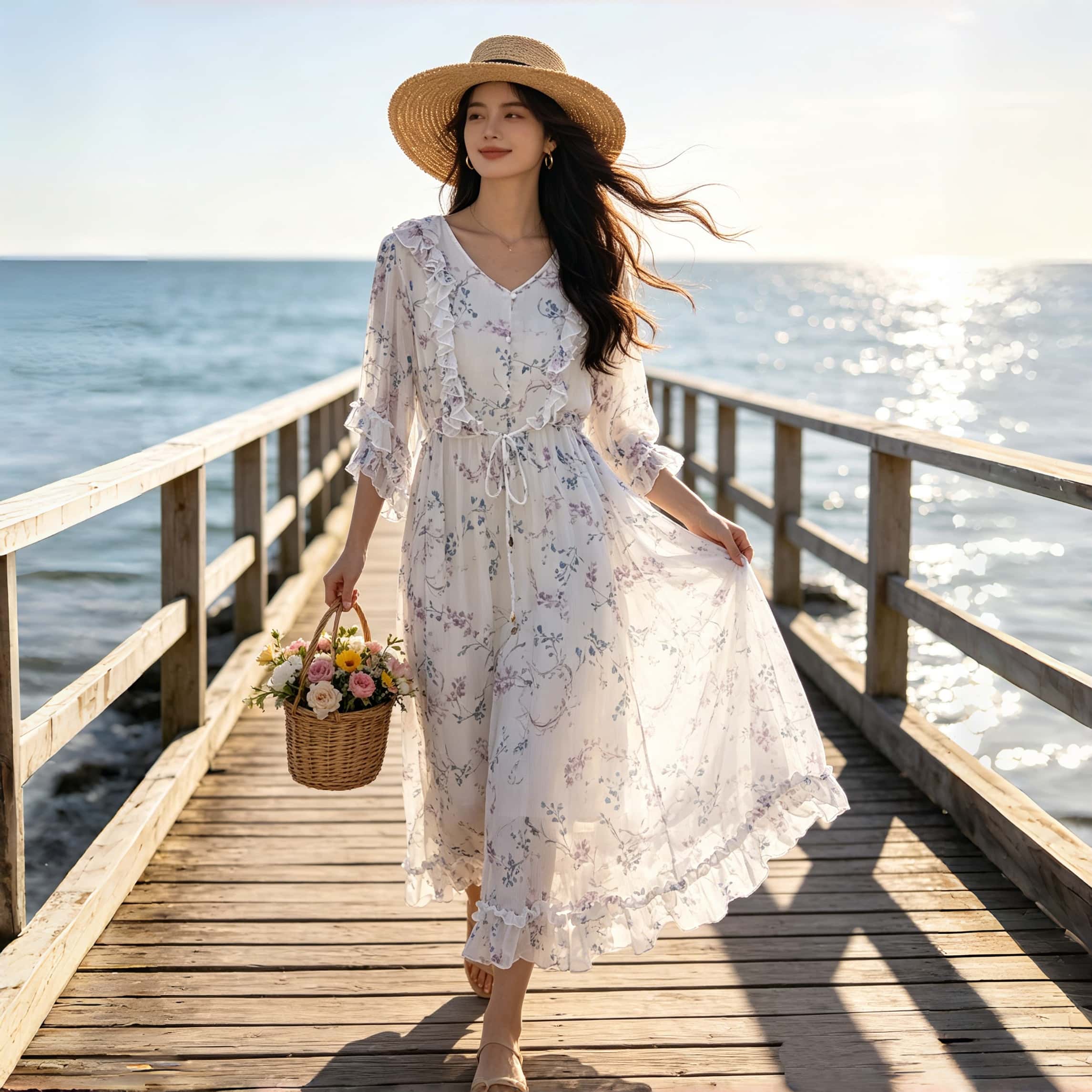 木耳边拼接真丝连衣裙女宽松大码显瘦绑带桑蚕丝长裙2026夏季新款