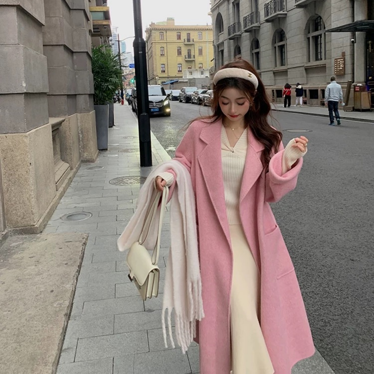 2025年冬季新款粉色双面羊绒大衣女中长款过膝赫本风毛呢外套显白