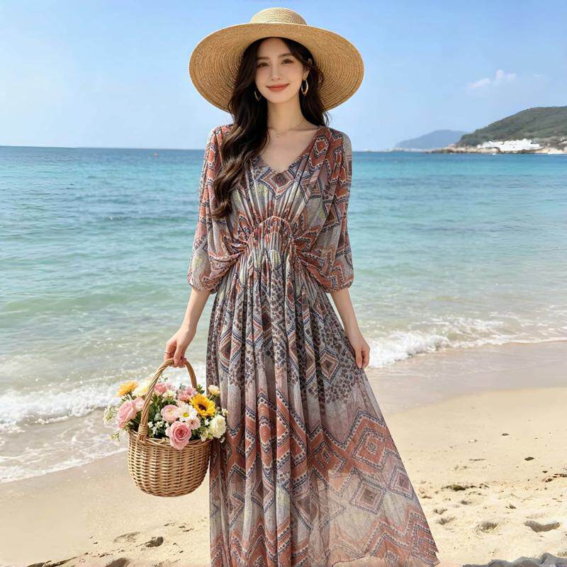 夏季新款温柔复古印花收腰显瘦真丝连衣裙桑蚕丝长裙海边沙滩裙子