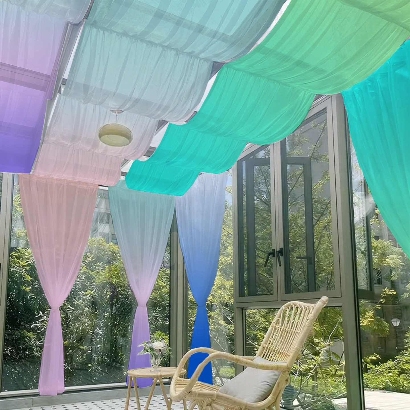 国风天花板吊顶装饰古风室内纱幔渐变色挂布婚庆婚礼商用天幕设计