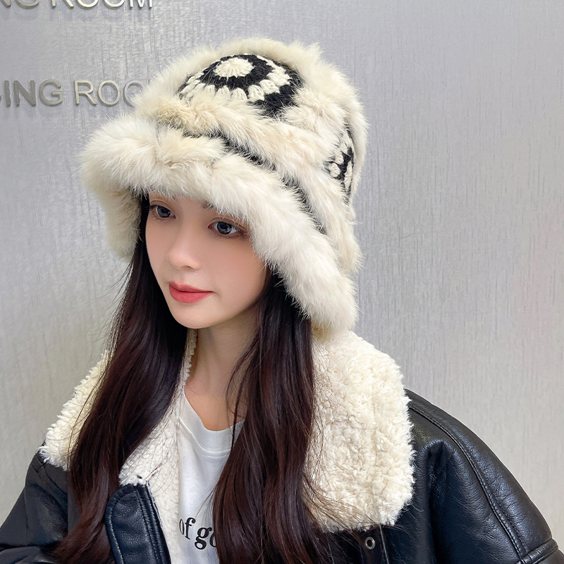 渔夫帽户外可爱女冬兔毛醒狮盆帽