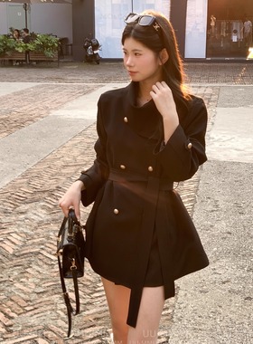 周淼黑色风衣裙外套女围脖保暖秋冬网红爆款小个子韩系中短款大衣