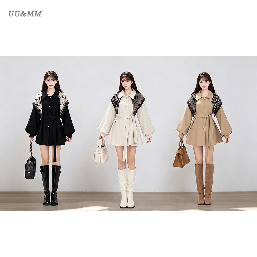 UU&MM法式披肩设计感灯笼袖风衣女短款收腰系带设计感小个子外套图片
