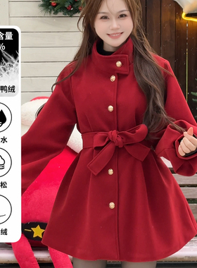 【羽绒内胆】BULE蓝色星球冬季保暖加厚圣诞红呢子大衣毛呢外套女