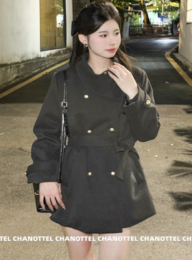 赫本风复古灰色呢子大衣围脖设计保暖秋冬厚款系带中长款毛呢外套