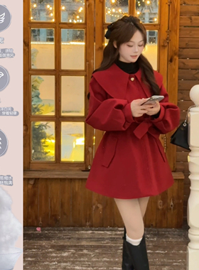 BULE蓝色星球圣诞红色呢子大衣连衣裙冬季厚款千金女主毛呢外套女