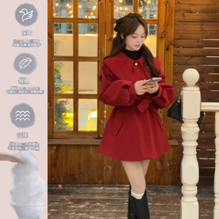 BULE蓝色星球圣诞红色呢子大衣连衣裙冬季厚款千金女主毛呢外套女