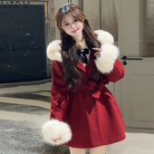 BULE蓝色星球女装 冬季 2026年新年红穿搭甜系少女毛呢外套连帽大衣