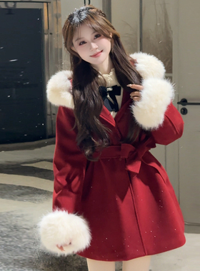 BULE蓝色星球女装冬季2025年圣诞红穿搭甜系少女毛呢外套连帽大衣