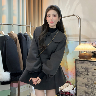 bule蓝色星球冬季2026名媛港味穿搭毛呢外套女灯笼袖设计呢子大衣