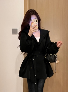 蓝色星球女装韩系小个子灯笼袖收腰系带外套上衣早春爆款连帽风衣