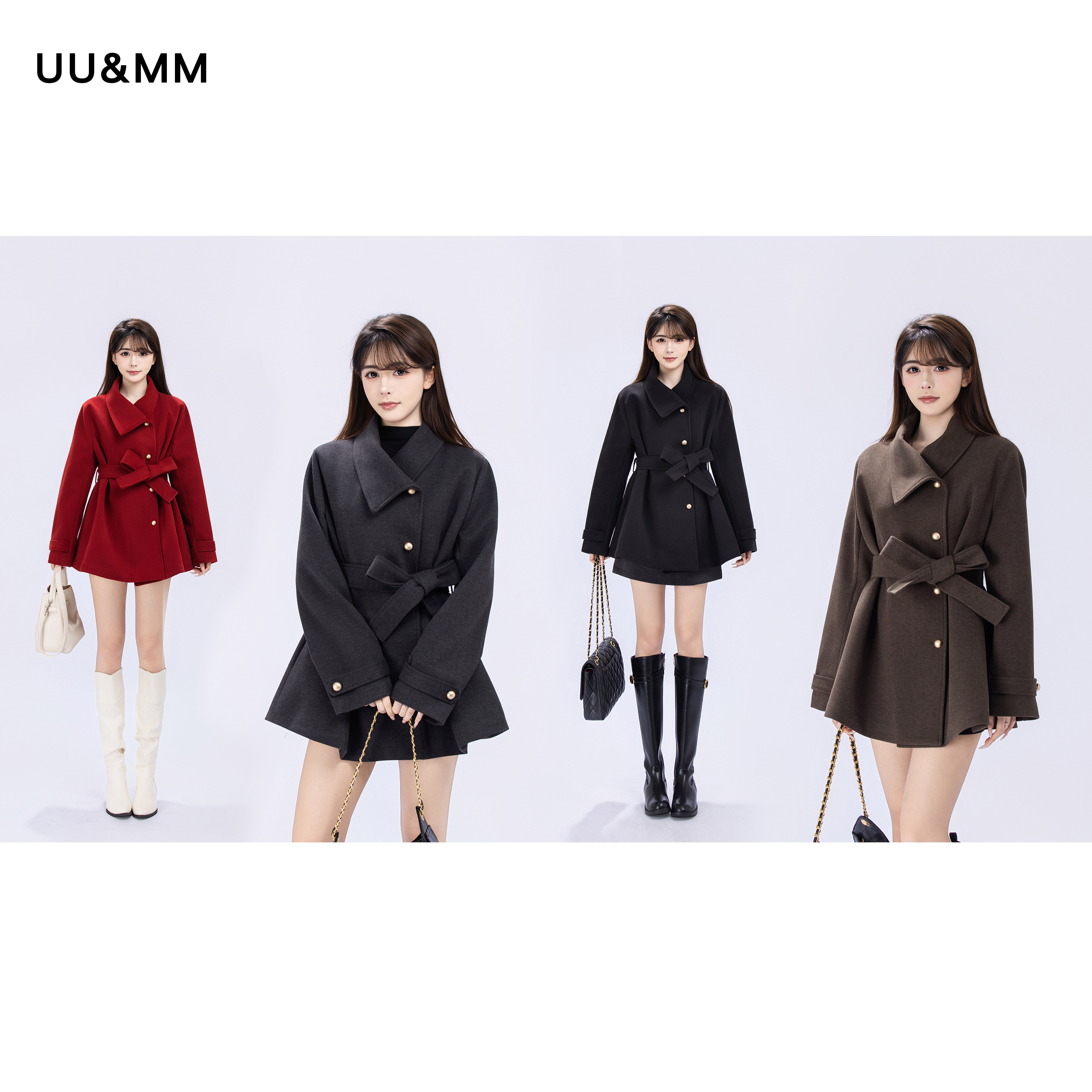 UU&MM冬季新款韩版黑色翻领双排扣风衣女中长款收腰系带外套大衣