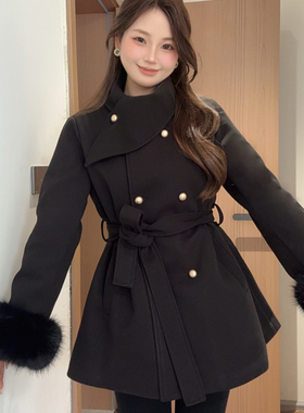 秋冬2025巨好看的呢子厚款大衣女法式显瘦围脖毛袖中长款毛呢外套