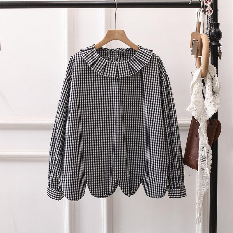 复古日系花边领格子衬衫女上衣