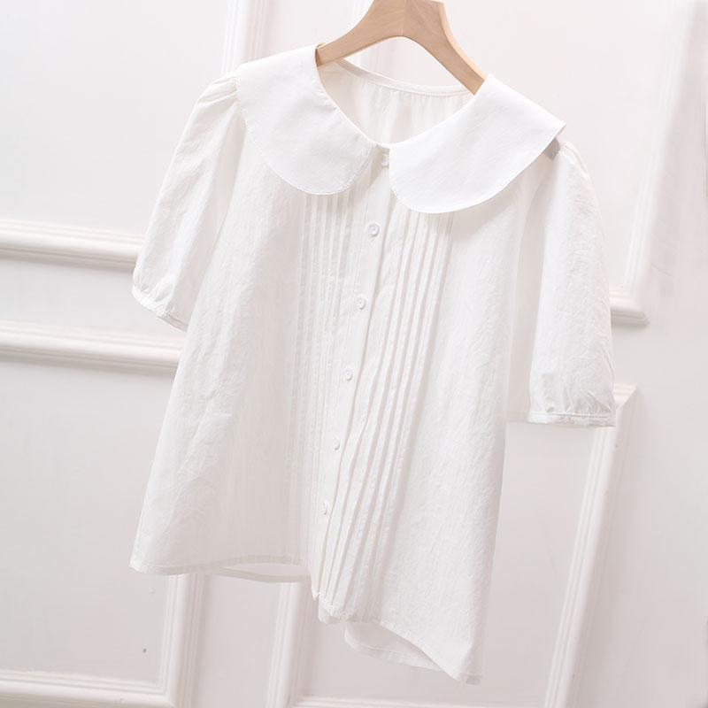 宽松日系短袖棉娃娃领白衬衫