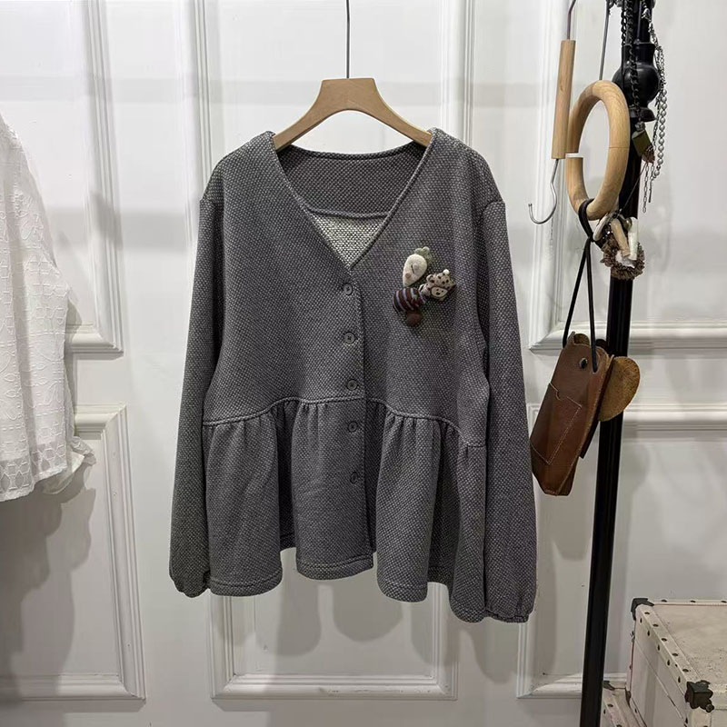 秋冬复古日系娃娃衫加厚卫衣女V领宽松百搭减龄荷叶开衫外套上衣