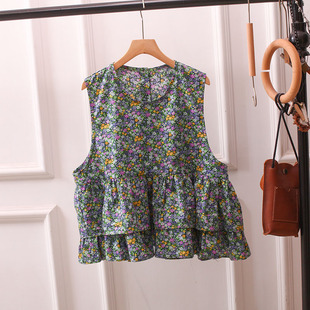 日系文艺复古碎花无袖 胖 马甲女荷叶边叠穿减龄背心上衣小清新大码