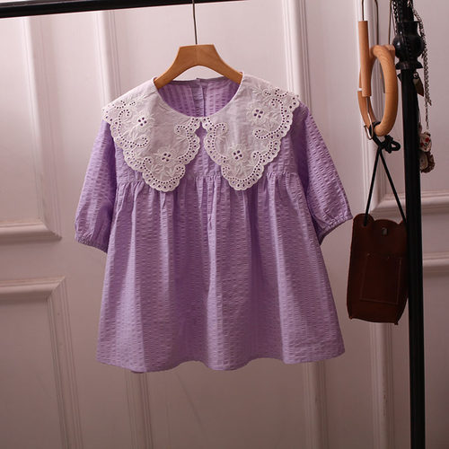 夏季日系森女蕾丝娃娃领大码衬衫