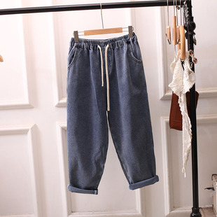 九分裤 复古松紧腰牛仔裤 老爹裤 显瘦百搭减龄胖mm哈伦裤 女宽松大码